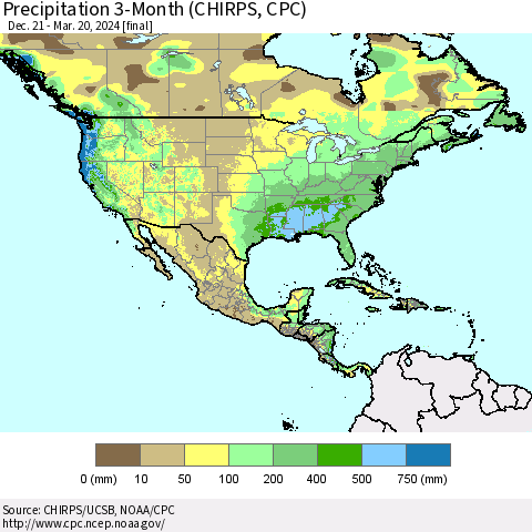 North America Precipitation 3-Month (CHIRPS) Thematic Map For 12/21/2023 - 3/20/2024