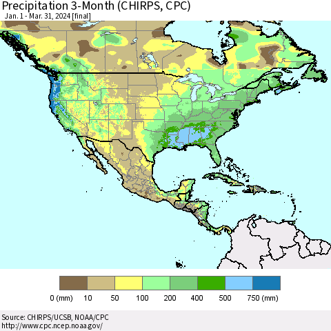 North America Precipitation 3-Month (CHIRPS) Thematic Map For 1/1/2024 - 3/31/2024