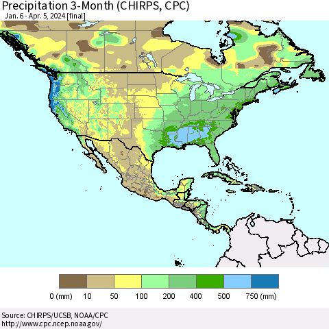 North America Precipitation 3-Month (CHIRPS) Thematic Map For 1/6/2024 - 4/5/2024
