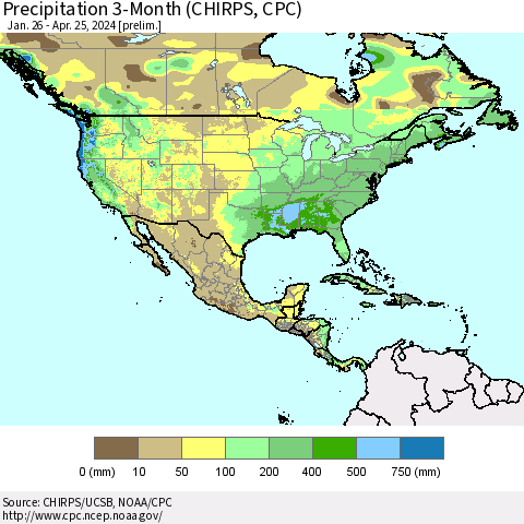 North America Precipitation 3-Month (CHIRPS) Thematic Map For 1/26/2024 - 4/25/2024