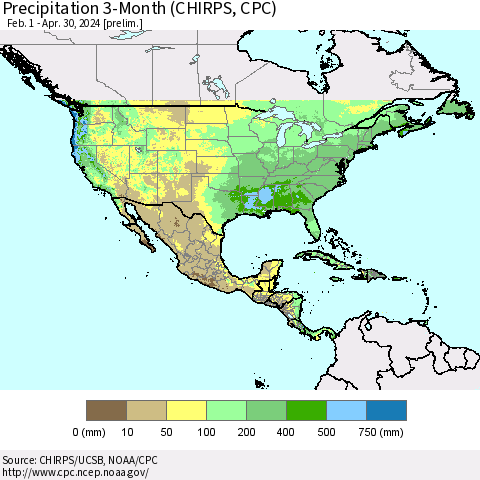 North America Precipitation 3-Month (CHIRPS) Thematic Map For 2/1/2024 - 4/30/2024