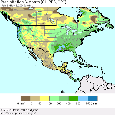 North America Precipitation 3-Month (CHIRPS) Thematic Map For 2/6/2024 - 5/5/2024