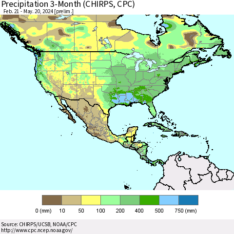 North America Precipitation 3-Month (CHIRPS) Thematic Map For 2/21/2024 - 5/20/2024