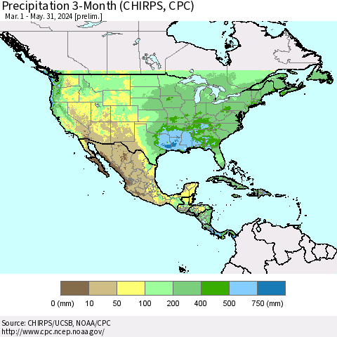 North America Precipitation 3-Month (CHIRPS) Thematic Map For 3/1/2024 - 5/31/2024