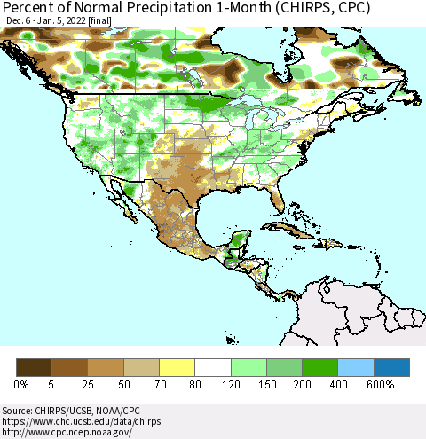 North America Percent of Normal Precipitation 1-Month (CHIRPS) Thematic Map For 12/6/2021 - 1/5/2022