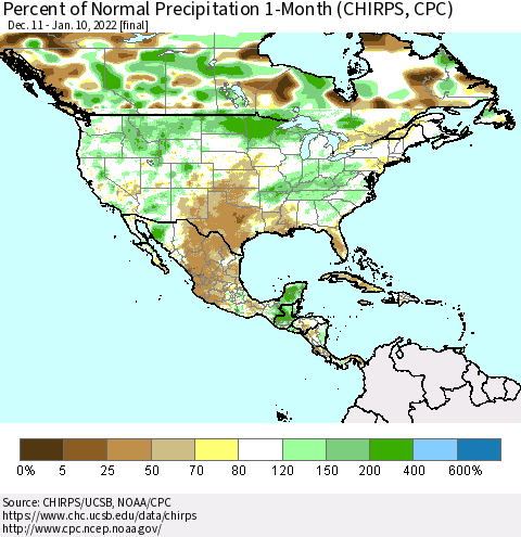 North America Percent of Normal Precipitation 1-Month (CHIRPS) Thematic Map For 12/11/2021 - 1/10/2022