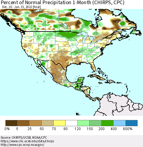 North America Percent of Normal Precipitation 1-Month (CHIRPS) Thematic Map For 12/16/2021 - 1/15/2022