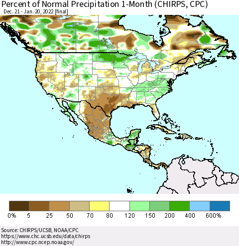North America Percent of Normal Precipitation 1-Month (CHIRPS) Thematic Map For 12/21/2021 - 1/20/2022