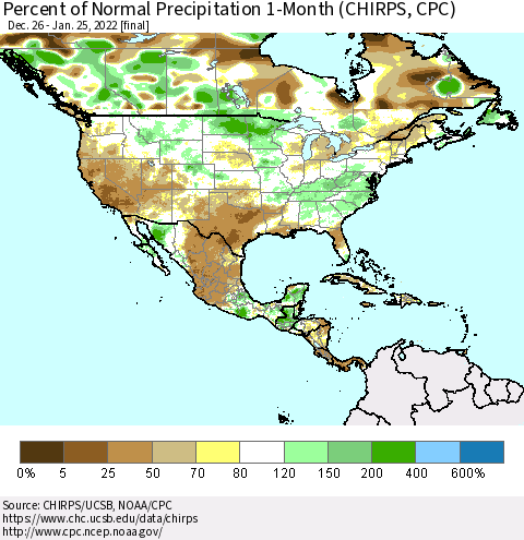 North America Percent of Normal Precipitation 1-Month (CHIRPS) Thematic Map For 12/26/2021 - 1/25/2022