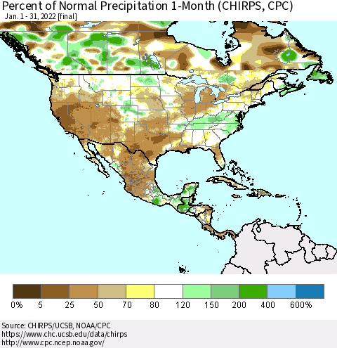 North America Percent of Normal Precipitation 1-Month (CHIRPS) Thematic Map For 1/1/2022 - 1/31/2022
