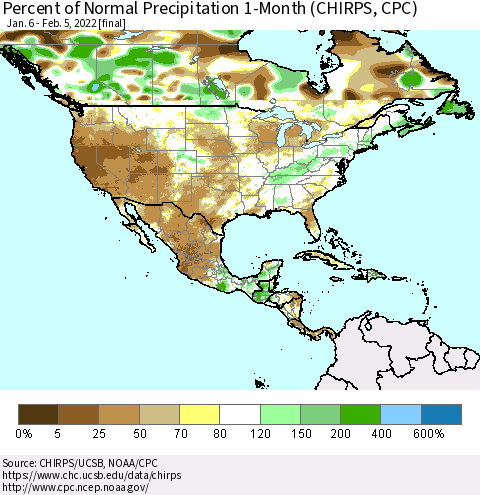 North America Percent of Normal Precipitation 1-Month (CHIRPS) Thematic Map For 1/6/2022 - 2/5/2022