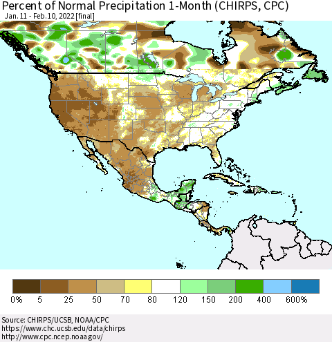 North America Percent of Normal Precipitation 1-Month (CHIRPS) Thematic Map For 1/11/2022 - 2/10/2022