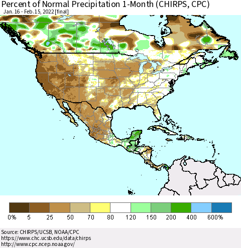 North America Percent of Normal Precipitation 1-Month (CHIRPS) Thematic Map For 1/16/2022 - 2/15/2022