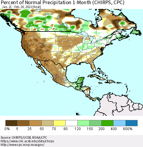 North America Percent of Normal Precipitation 1-Month (CHIRPS) Thematic Map For 1/21/2022 - 2/20/2022