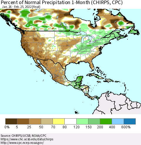 North America Percent of Normal Precipitation 1-Month (CHIRPS) Thematic Map For 1/26/2022 - 2/25/2022