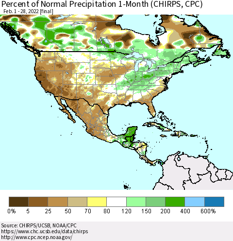 North America Percent of Normal Precipitation 1-Month (CHIRPS) Thematic Map For 2/1/2022 - 2/28/2022