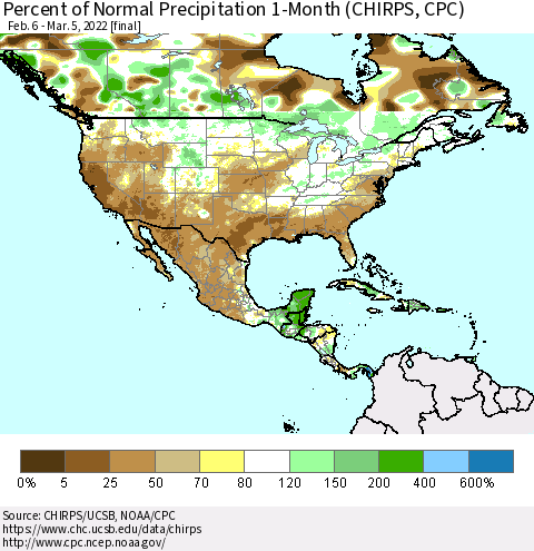 North America Percent of Normal Precipitation 1-Month (CHIRPS) Thematic Map For 2/6/2022 - 3/5/2022
