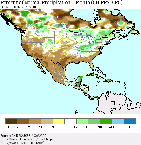 North America Percent of Normal Precipitation 1-Month (CHIRPS) Thematic Map For 2/11/2022 - 3/10/2022