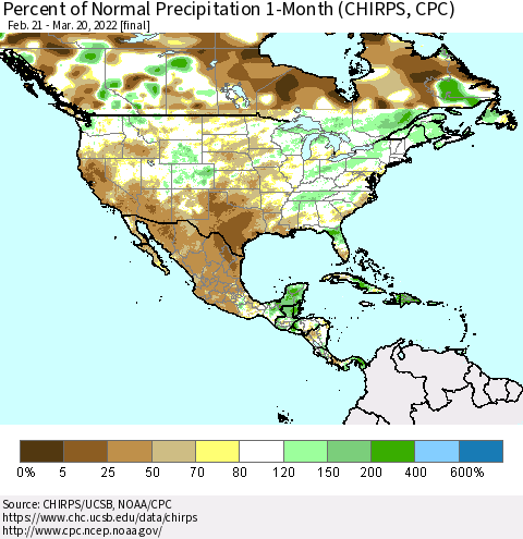North America Percent of Normal Precipitation 1-Month (CHIRPS) Thematic Map For 2/21/2022 - 3/20/2022
