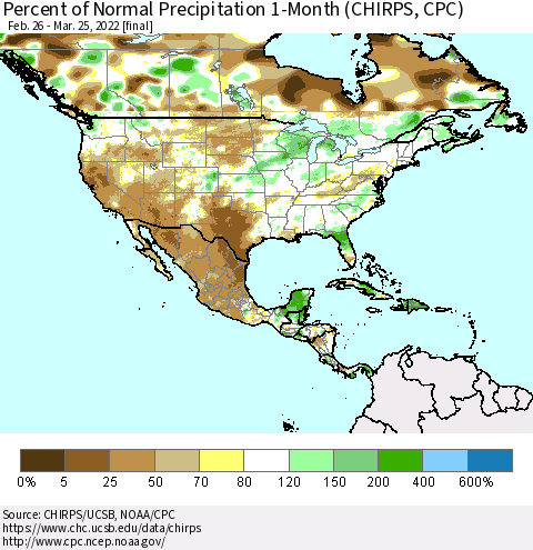 North America Percent of Normal Precipitation 1-Month (CHIRPS) Thematic Map For 2/26/2022 - 3/25/2022