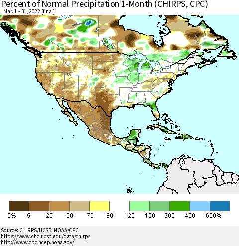 North America Percent of Normal Precipitation 1-Month (CHIRPS) Thematic Map For 3/1/2022 - 3/31/2022