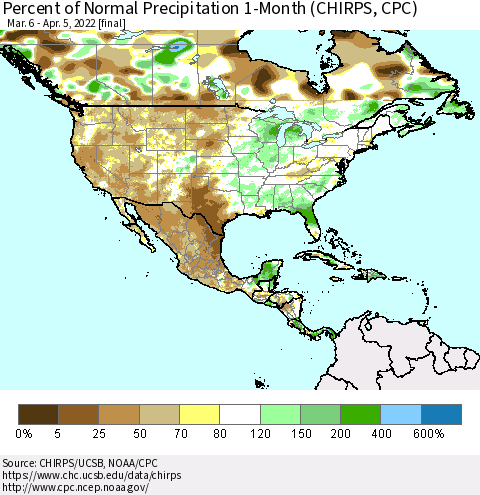 North America Percent of Normal Precipitation 1-Month (CHIRPS) Thematic Map For 3/6/2022 - 4/5/2022