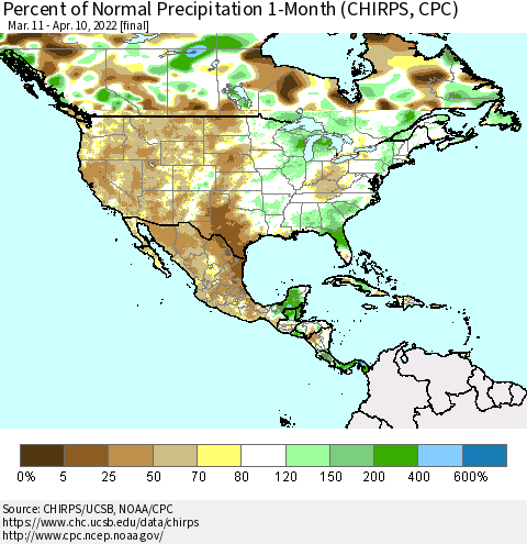 North America Percent of Normal Precipitation 1-Month (CHIRPS) Thematic Map For 3/11/2022 - 4/10/2022