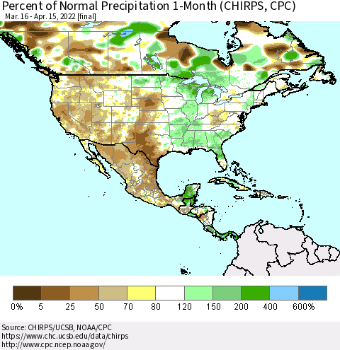 North America Percent of Normal Precipitation 1-Month (CHIRPS) Thematic Map For 3/16/2022 - 4/15/2022