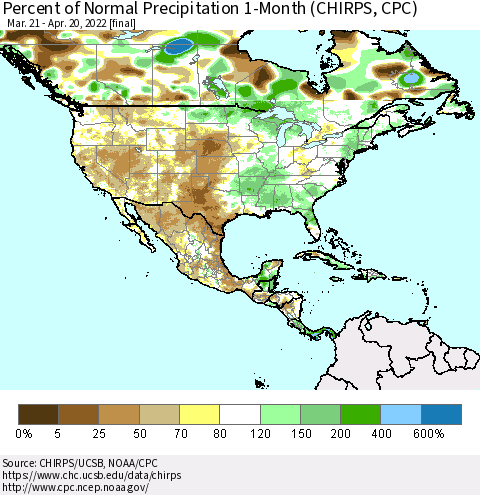 North America Percent of Normal Precipitation 1-Month (CHIRPS) Thematic Map For 3/21/2022 - 4/20/2022