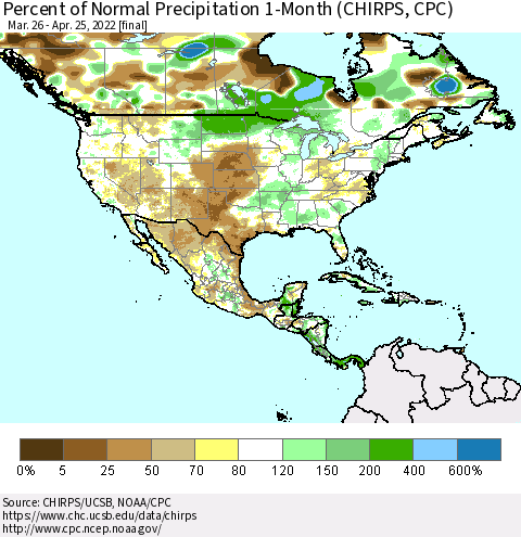 North America Percent of Normal Precipitation 1-Month (CHIRPS) Thematic Map For 3/26/2022 - 4/25/2022