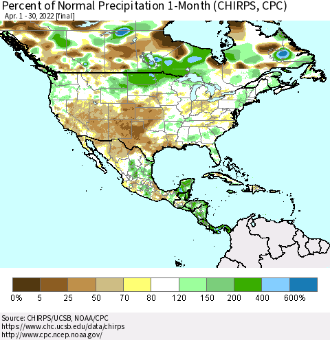 North America Percent of Normal Precipitation 1-Month (CHIRPS) Thematic Map For 4/1/2022 - 4/30/2022
