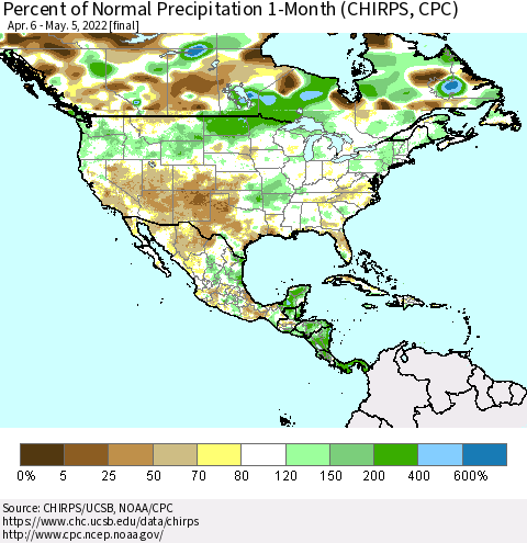 North America Percent of Normal Precipitation 1-Month (CHIRPS) Thematic Map For 4/6/2022 - 5/5/2022