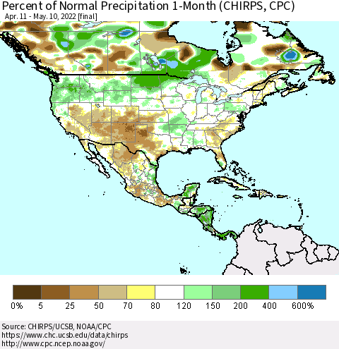 North America Percent of Normal Precipitation 1-Month (CHIRPS) Thematic Map For 4/11/2022 - 5/10/2022
