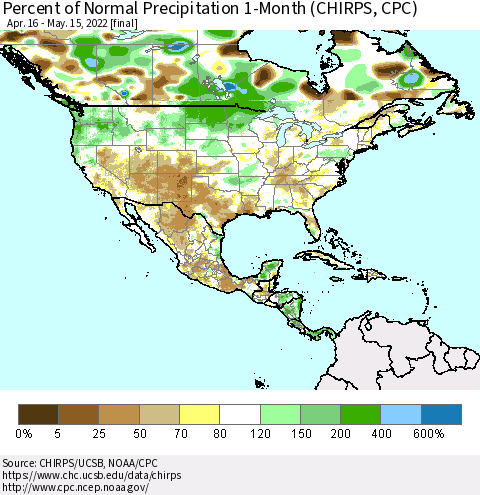North America Percent of Normal Precipitation 1-Month (CHIRPS) Thematic Map For 4/16/2022 - 5/15/2022