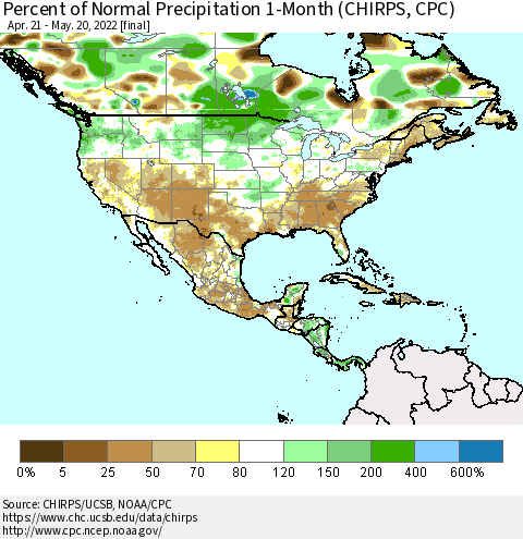 North America Percent of Normal Precipitation 1-Month (CHIRPS) Thematic Map For 4/21/2022 - 5/20/2022