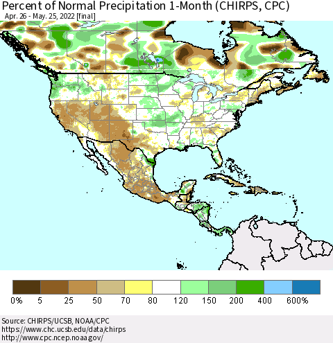 North America Percent of Normal Precipitation 1-Month (CHIRPS) Thematic Map For 4/26/2022 - 5/25/2022