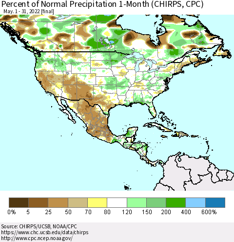 North America Percent of Normal Precipitation 1-Month (CHIRPS) Thematic Map For 5/1/2022 - 5/31/2022