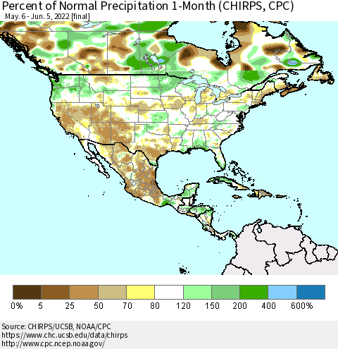 North America Percent of Normal Precipitation 1-Month (CHIRPS) Thematic Map For 5/6/2022 - 6/5/2022