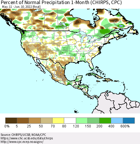 North America Percent of Normal Precipitation 1-Month (CHIRPS) Thematic Map For 5/11/2022 - 6/10/2022
