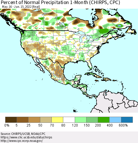 North America Percent of Normal Precipitation 1-Month (CHIRPS) Thematic Map For 5/16/2022 - 6/15/2022