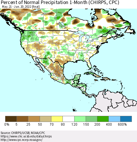 North America Percent of Normal Precipitation 1-Month (CHIRPS) Thematic Map For 5/21/2022 - 6/20/2022