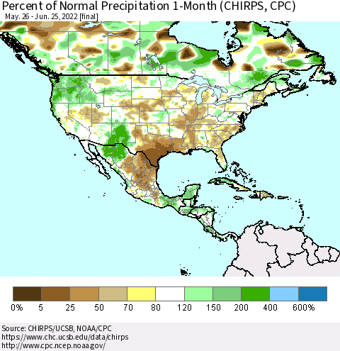 North America Percent of Normal Precipitation 1-Month (CHIRPS) Thematic Map For 5/26/2022 - 6/25/2022