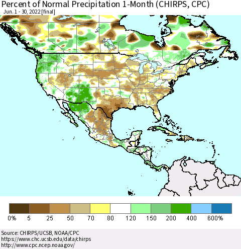 North America Percent of Normal Precipitation 1-Month (CHIRPS) Thematic Map For 6/1/2022 - 6/30/2022