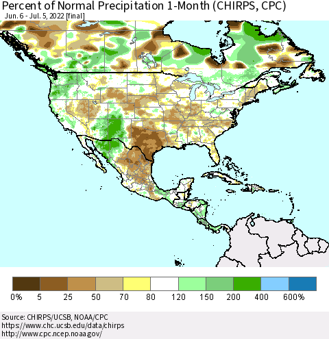 North America Percent of Normal Precipitation 1-Month (CHIRPS) Thematic Map For 6/6/2022 - 7/5/2022