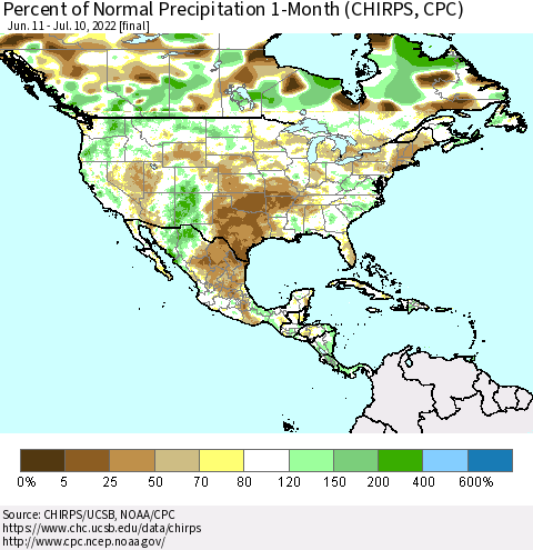 North America Percent of Normal Precipitation 1-Month (CHIRPS) Thematic Map For 6/11/2022 - 7/10/2022