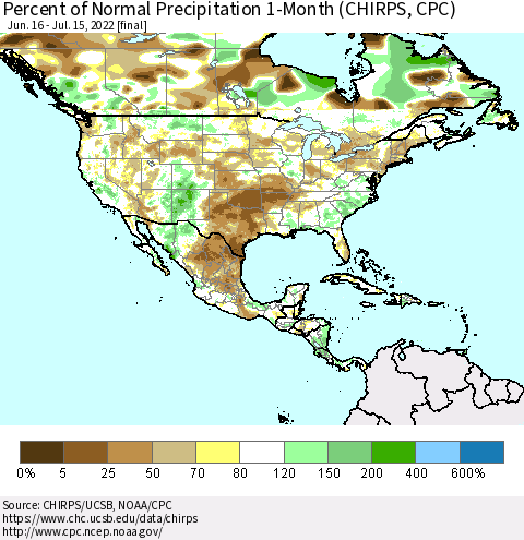 North America Percent of Normal Precipitation 1-Month (CHIRPS) Thematic Map For 6/16/2022 - 7/15/2022
