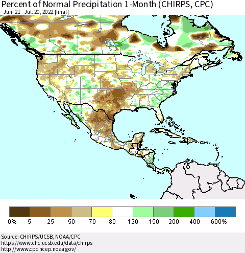 North America Percent of Normal Precipitation 1-Month (CHIRPS) Thematic Map For 6/21/2022 - 7/20/2022