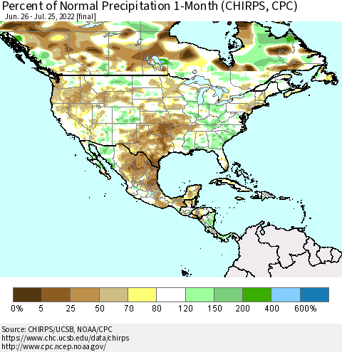 North America Percent of Normal Precipitation 1-Month (CHIRPS) Thematic Map For 6/26/2022 - 7/25/2022