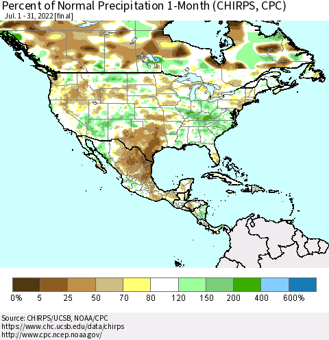 North America Percent of Normal Precipitation 1-Month (CHIRPS) Thematic Map For 7/1/2022 - 7/31/2022