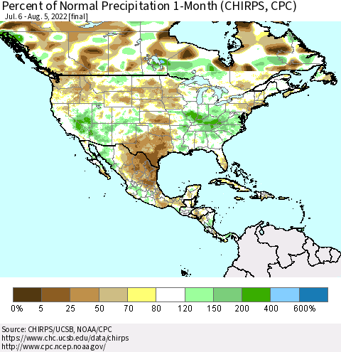 North America Percent of Normal Precipitation 1-Month (CHIRPS) Thematic Map For 7/6/2022 - 8/5/2022